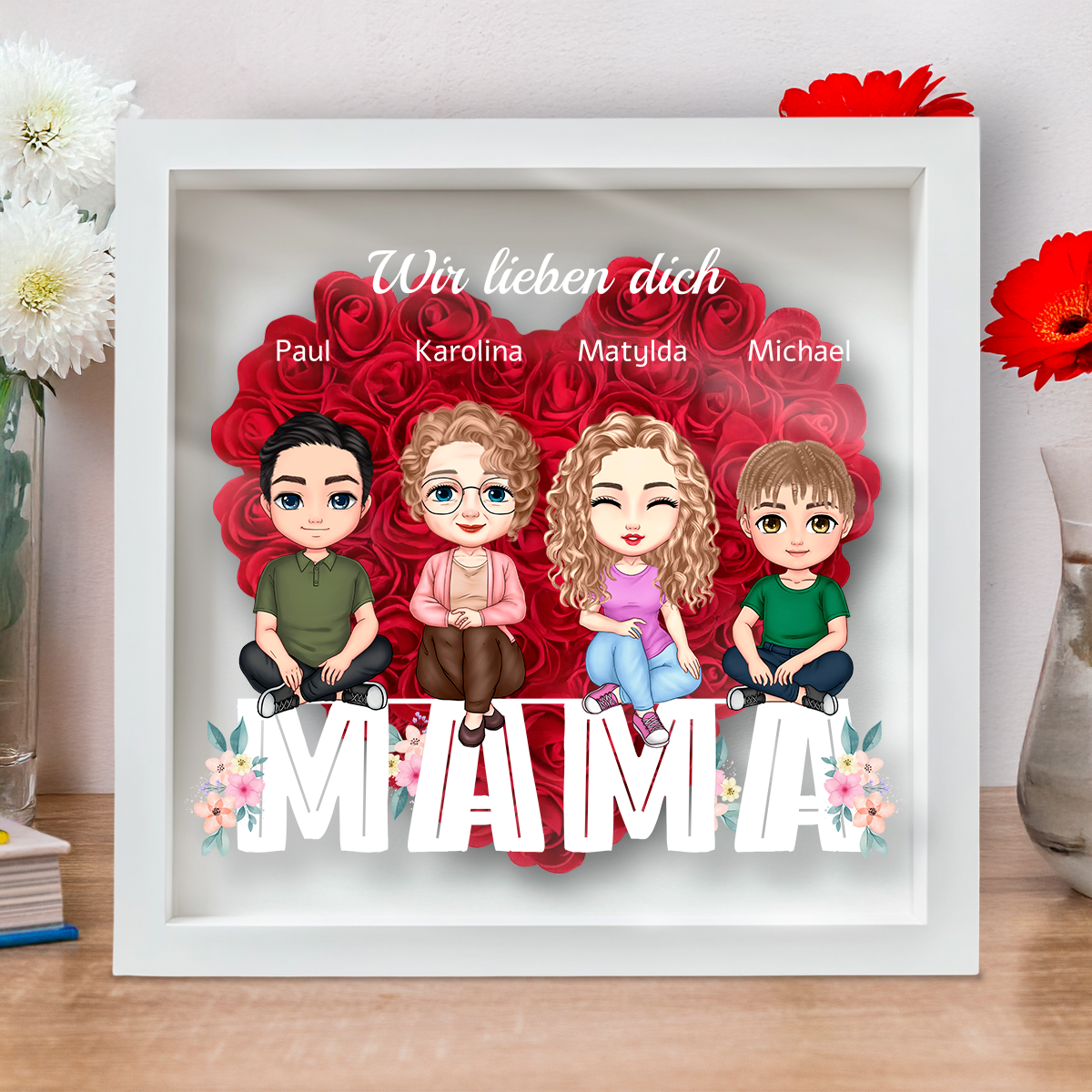 Wir lieben dich - Blumen-Schattenschachtel, personalisiertes Geschenk für Mama