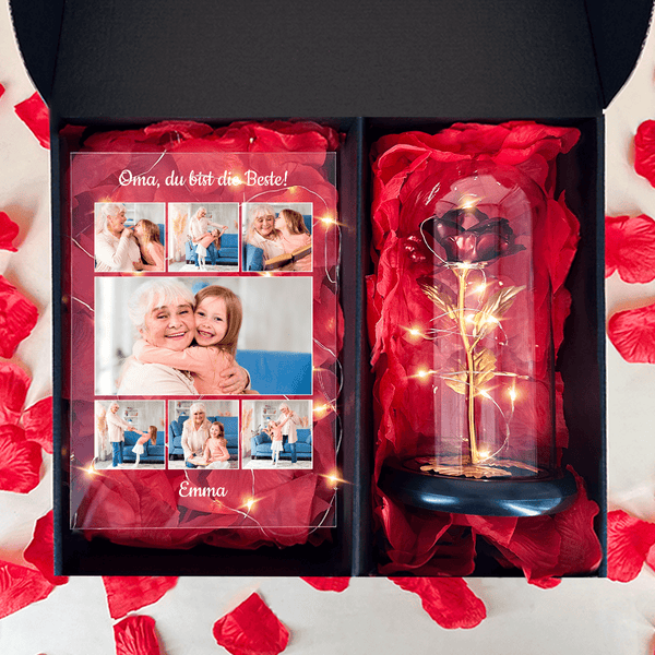 Collage Oma Glasdruck + Rote ewige Rose Box in1 - Geschenkset Box, personalisiertes Geschenk für Oma - Adamell.de