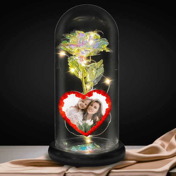 Ewige Regenbogenrose im Glas LED + personalisiertes Herz MAMA UND ICH - Adamell.de