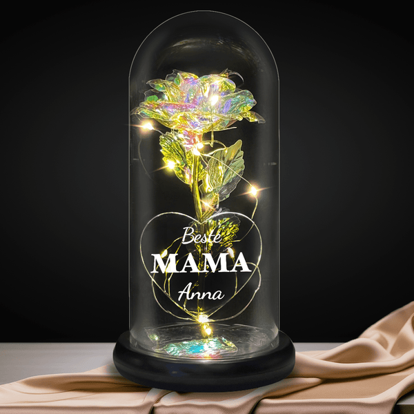 Ewige Rose aus LED-Kristall in Glas + personalisiertes Herz BESTE MAMA + NAME - Adamell.de