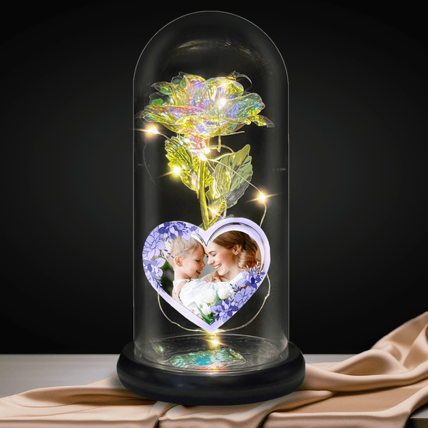 Ewige Rose aus LED-Kristall in Glas + personalisiertes Herz FOTO MIT MAMA - Adamell.de