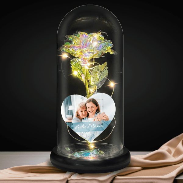 Ewige Rose aus LED-Kristall in Glas + personalisiertes Herz LIEBE MAMA - Adamell.de