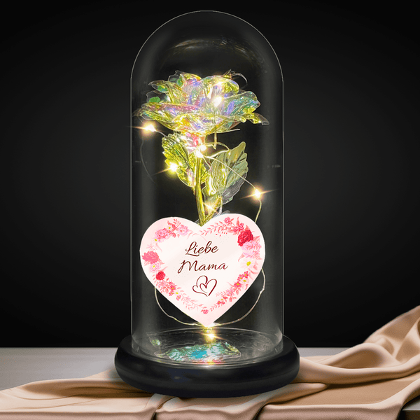 Ewige Rose aus LED-Kristall in Glas + personalisiertes Herz LIEBE MUTTER - Adamell.de