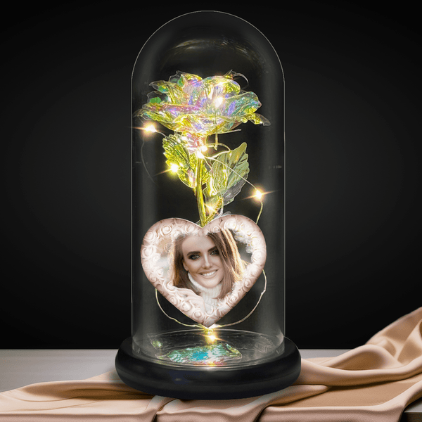 Ewige Rose aus LED-Kristall in Glas + personalisiertes Herz MUTTERFOTO - Adamell.de