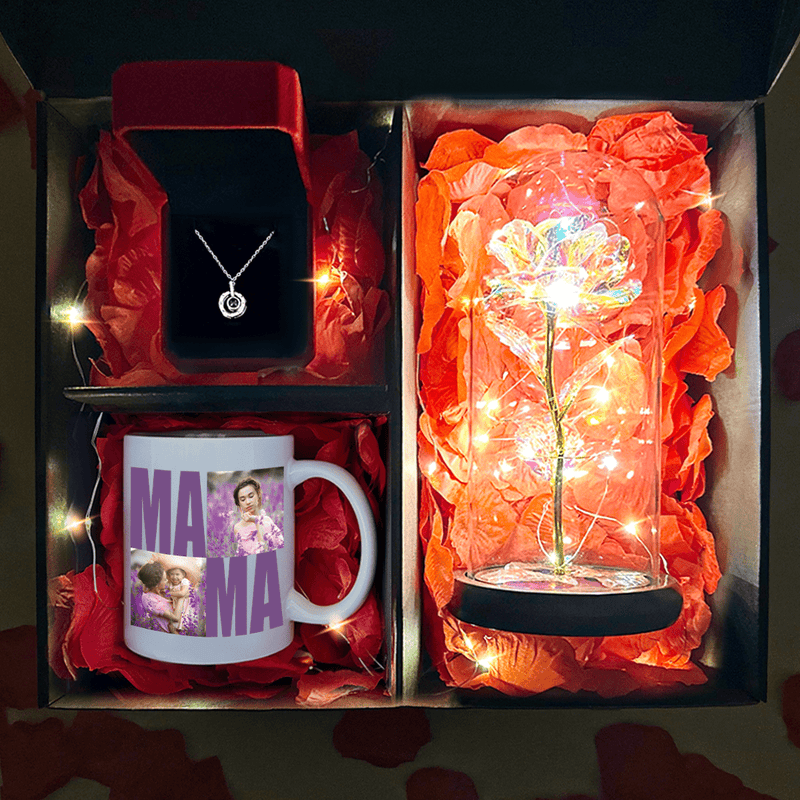 Ewige Rose + bedruckte Tasse MEINE MAMA + Anhänger box 3 in 1 - Geschenkset, personalisiertes Geschenk für Mama - Adamell.de