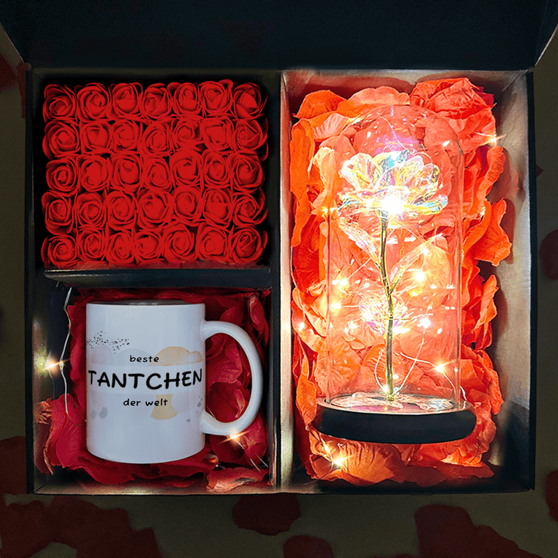 Ewige Rose Regenbogen + Tasse mit Druck BESTE TANTCHEN Box 2 in1 - Geschenkset, personalisiertes Geschenk für Tante - Adamell.de