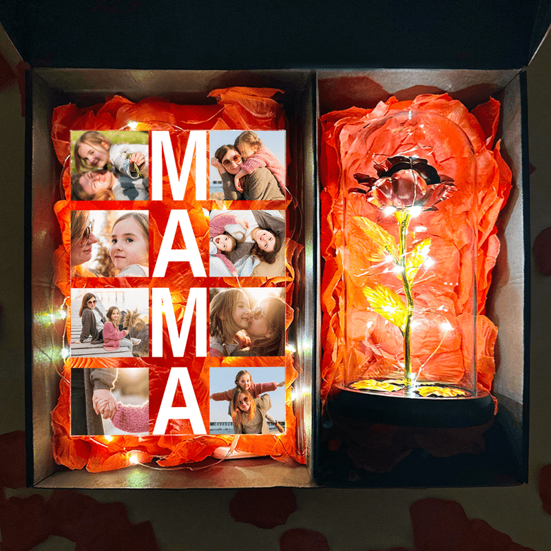 Gold ewige Rose + Glasdruck MAMA Box 2in1 - Geschenkset Box, personalisiertes Geschenk für Mama - Adamell.de
