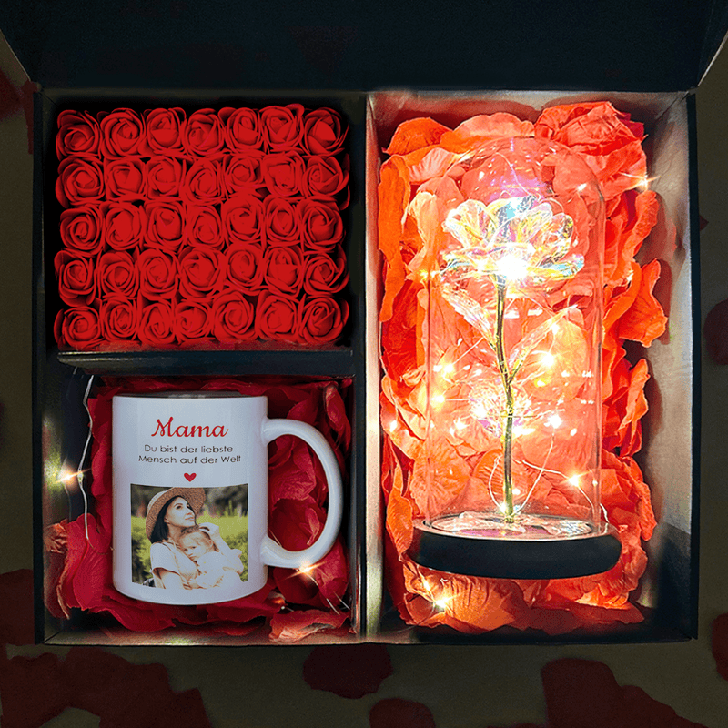 Gold ewige Rose + Tasse mit Druck + Untertitel MAMA Box 2 in1 - Geschenkset, personalisiertes Geschenk für Mama - Adamell.de
