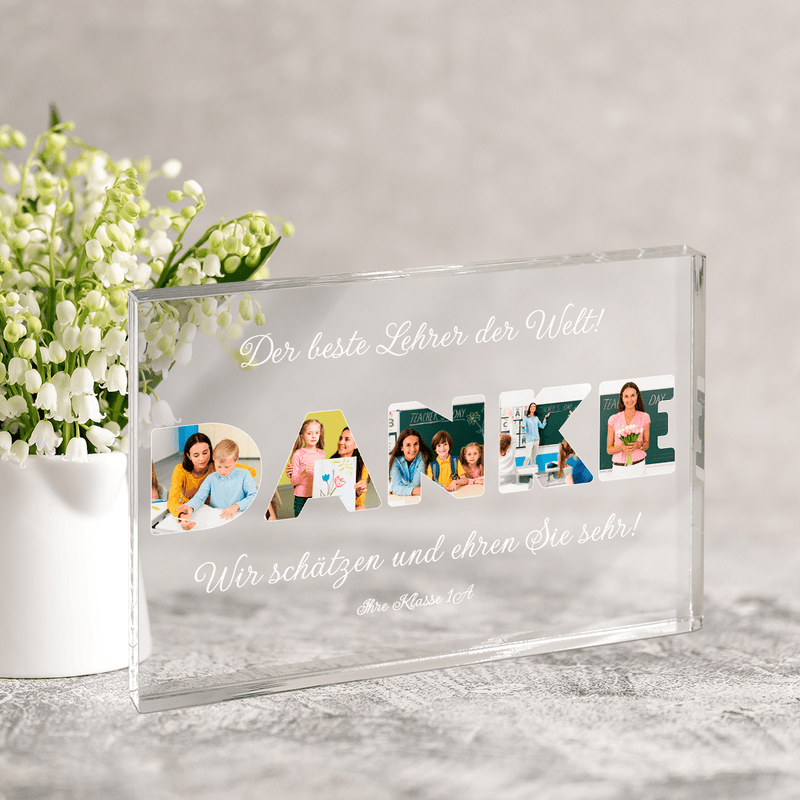 Inschrift DANKE Collage - Druck auf Glas, personalisiertes Geschenk für Lehrer - Adamell.de