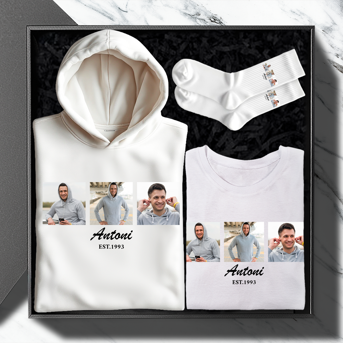 Sweatshirt + T-Shirt + Socken COLLAGE + NAME - Geschenkset 3 in 1, personalisiertes Geschenk für Mann