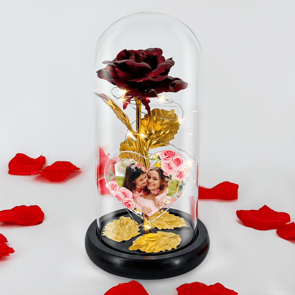LED Ewige Rose in Glas rot und gold + personalisiertes Herz MAMA & KIND - Adamell.de