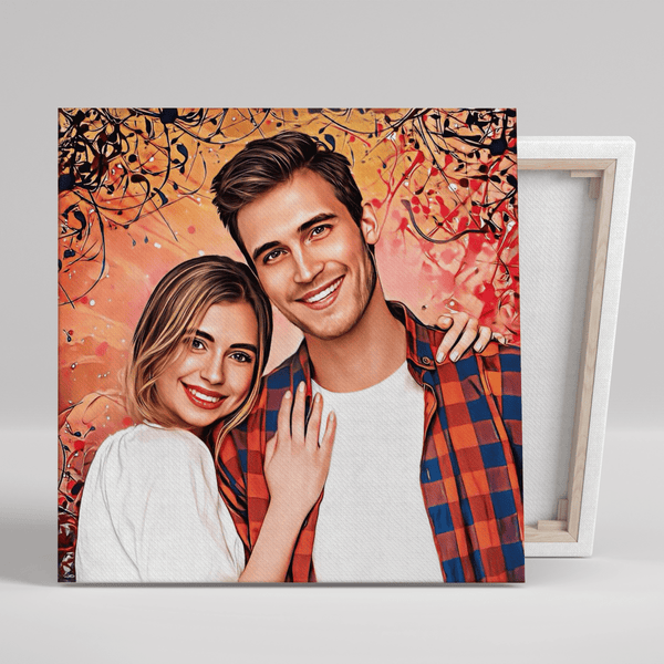 Paarporträt mit buntem Hintergrund - Druck auf Leinwand, personalisiertes Geschenk für Paar - Adamell.de