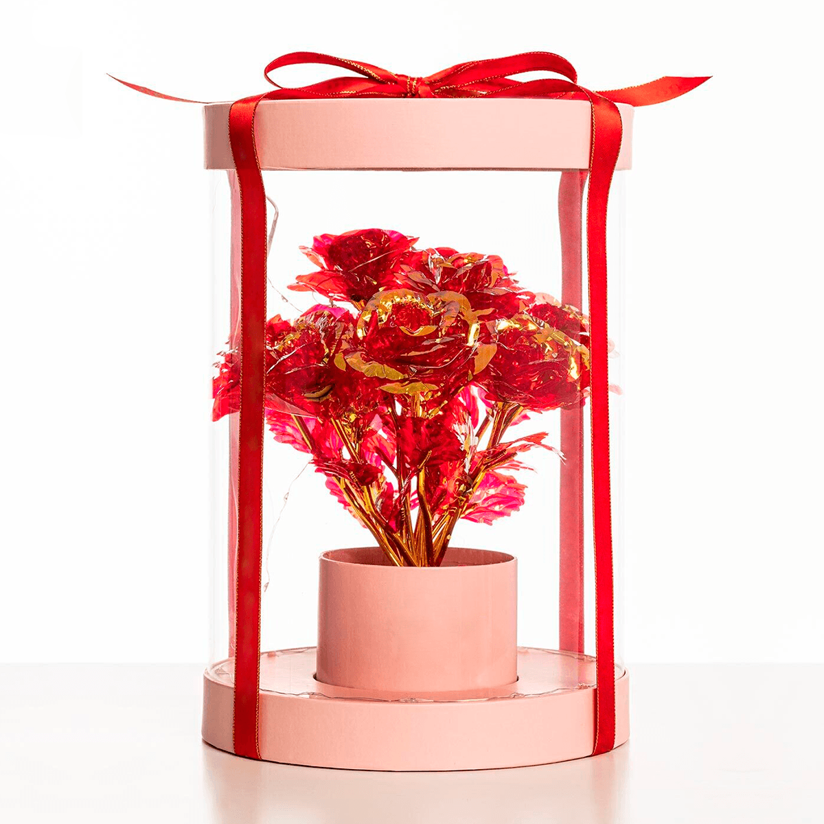 Weiße Schachtel mit roten ewigen Rosen LED Strauß