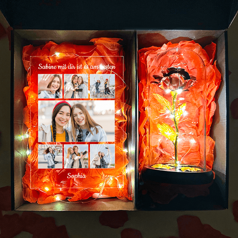 Rote ewige Rose + Glasdruck FREUNDIN Box in1 - Geschenkset Box, personalisiertes Geschenk für Freundin - Adamell.de