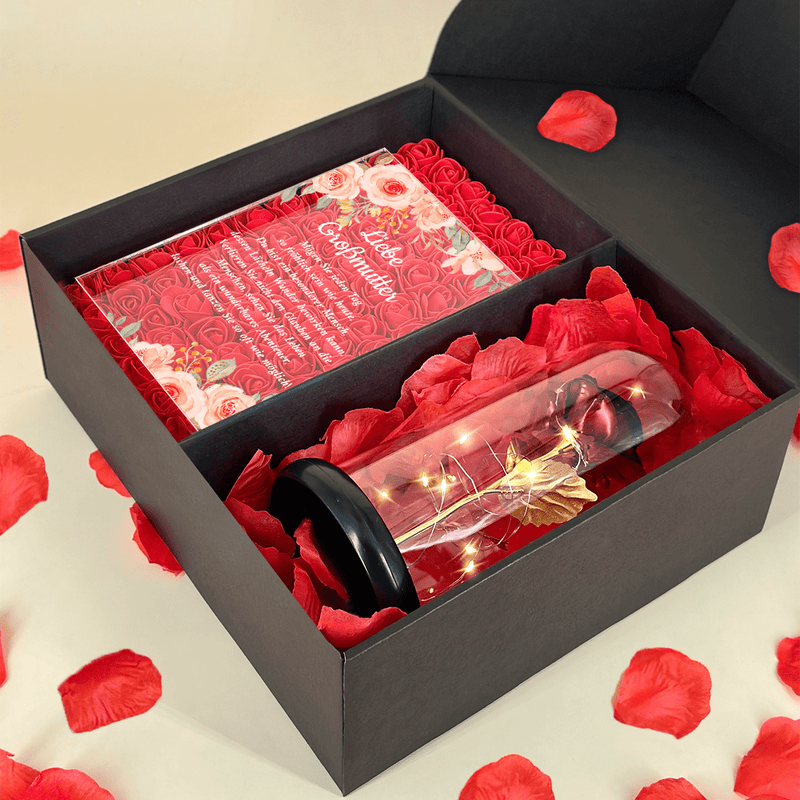 Rote ewige Rose + Glasdruck LIEBE OMA Box 2 in1 - Geschenkset, personalisiertes Geschenk für Oma - Adamell.de