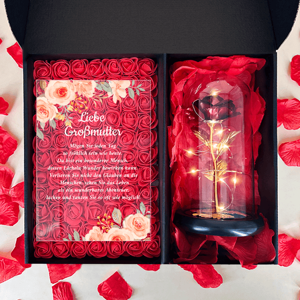 Rote ewige Rose + Glasdruck LIEBE OMA Box 2 in1 - Geschenkset, personalisiertes Geschenk für Oma - Adamell.de