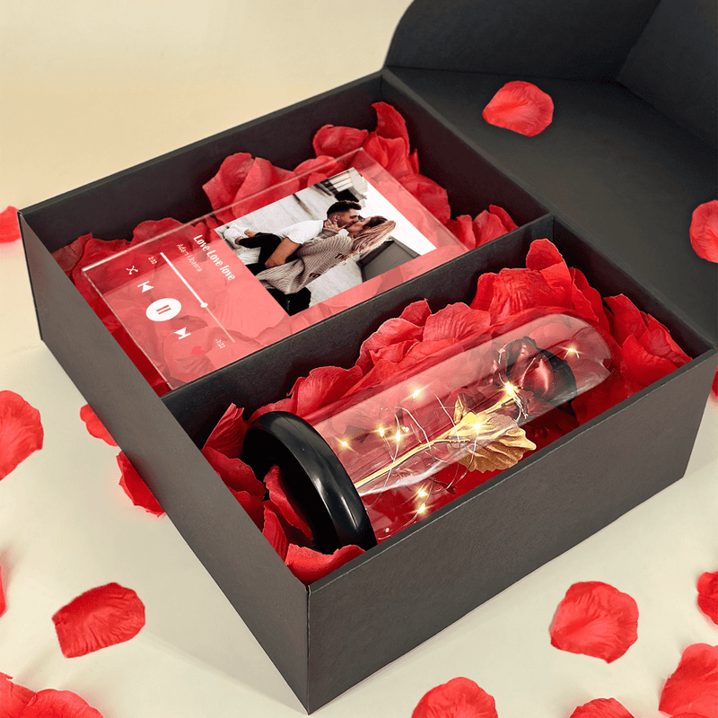 Rote ewige Rose + Glasdruck Spotify Box in1 - Geschenkset Box, personalisiertes Geschenk für Frau - Adamell.de