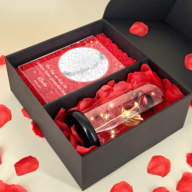 Rote ewige Rose + Glasdruck UNSER TANTE Box 2 in1 - Geschenkset, personalisiertes Geschenk für Tante - Adamell.de