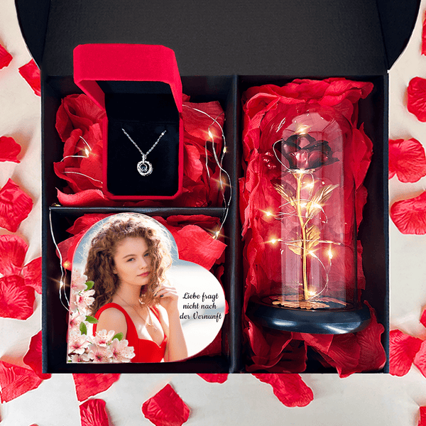 Rote ewige Rose + Herz FÜR FREUNDIN + Anhänger Box 3 in 1 - Geschenkset, personalisiertes Geschenk für Frau - Adamell.de