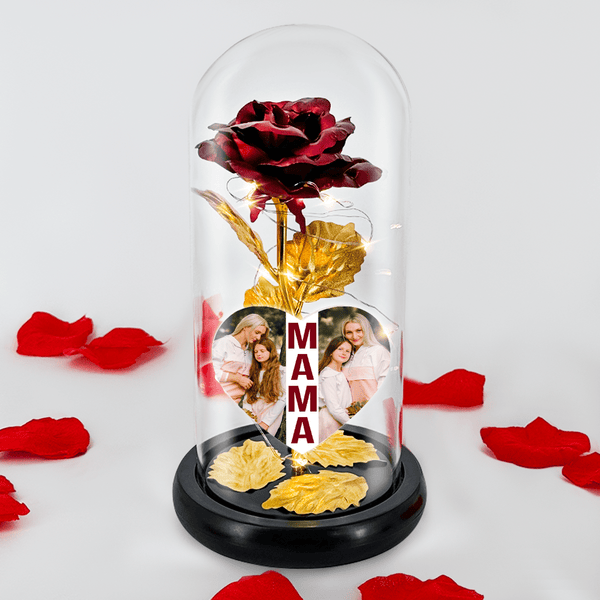 Rote LED Rose im Glas + personalisiertes Herz mit Inschrift MAMA - Adamell.de