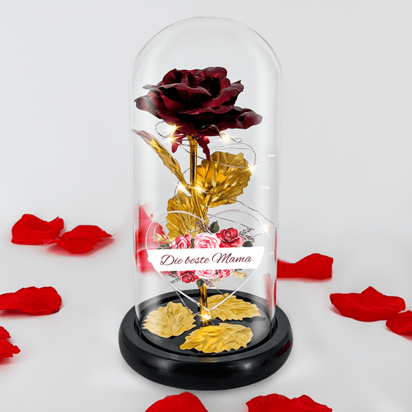 Rote und goldene LED-Rose in Glas + personalisiertes Herz DU BIST DER BESTE - Adamell.de