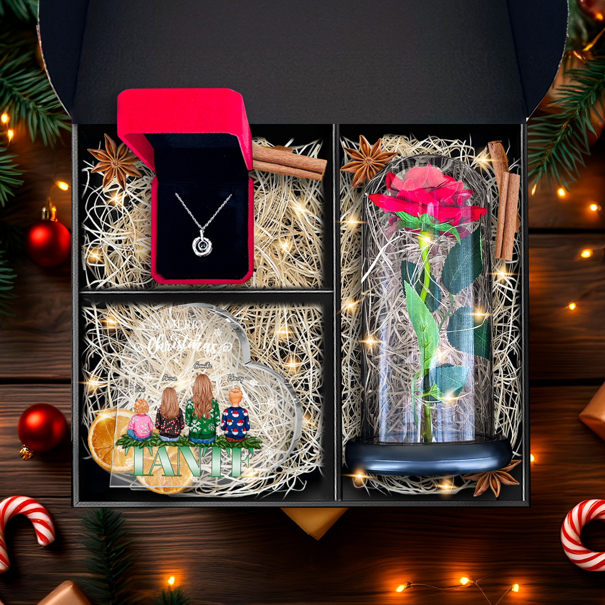 Druck auf Glas TANTE + Ewige Rose + Anhänger - Geschenkset 3 in 1, personalisiertes Geschenk für Tante