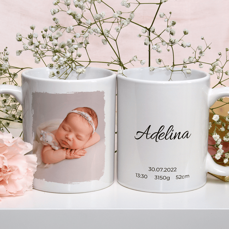 Babyfoto + Aufschrift - Bedruckte Tasse, personalisiertes Geschenk für Kind - Adamell.de