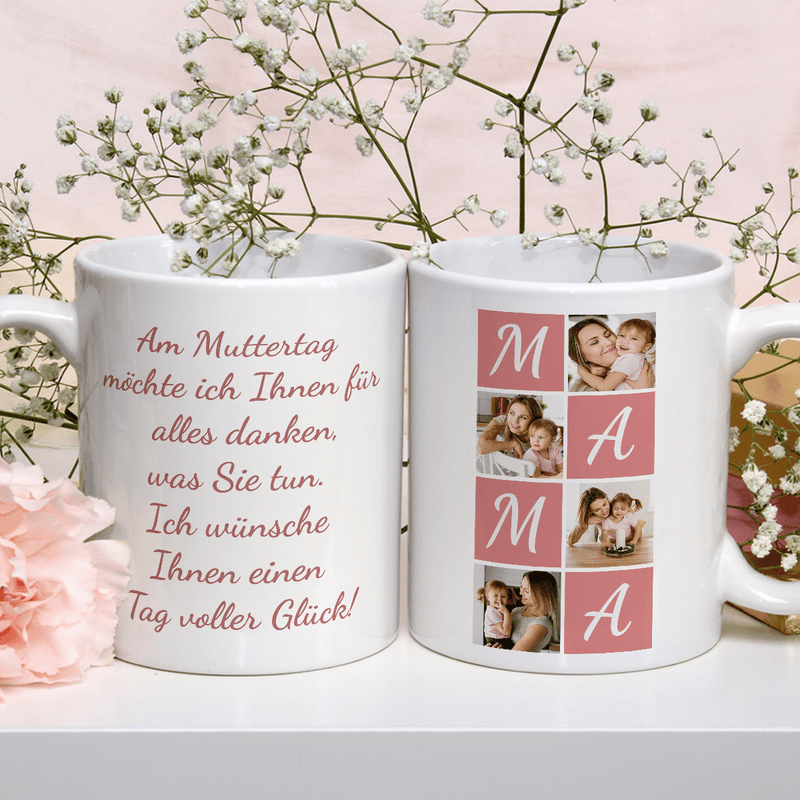 Collage aus 4 Fotos + Text - 1x bedruckte Tasse, personalisiertes Geschenk für Mama - Adamell.de