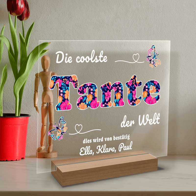 Die coolste Tante - Druck auf Glas, personalisiertes Geschenk für Tante - Adamell.de