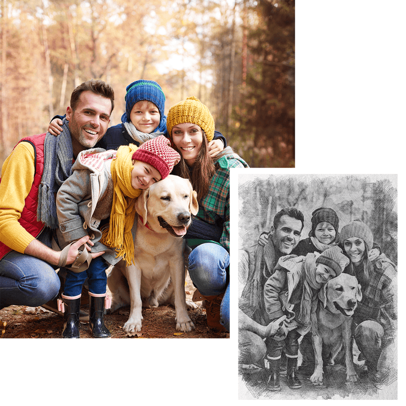 Familienporträt Bleistiftskizze - Druck auf Leinwand, personalisiertes Geschenk für Eltern - Adamell.de