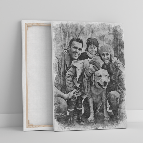 Familienporträt Bleistiftskizze - Druck auf Leinwand, personalisiertes Geschenk für Eltern - Adamell.de
