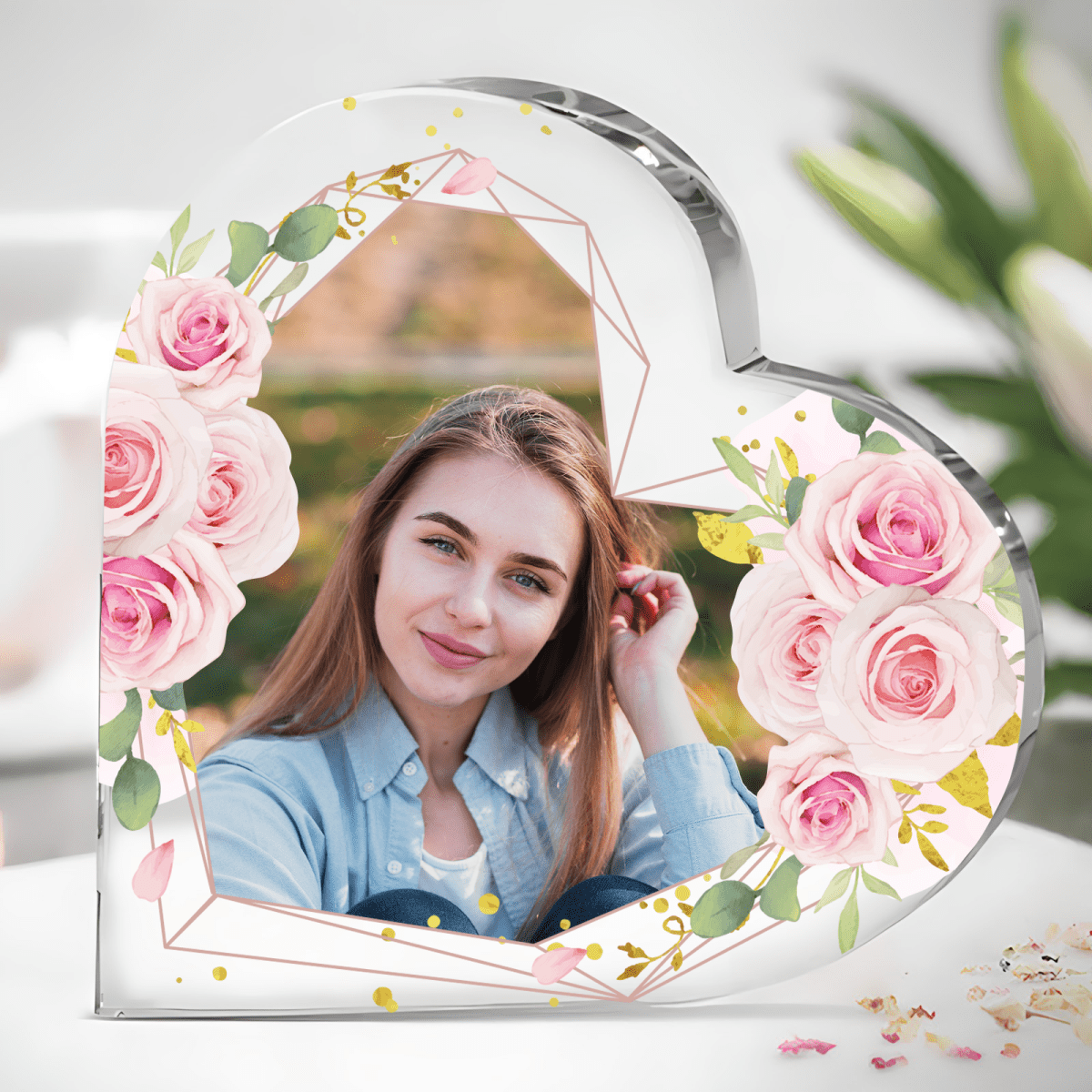 Foto in Rosen - Herz aus Glas, personalisiertes Geschenk für sie Foto in Rosen - Herz aus Glas, personalisiertes Geschenk für sie