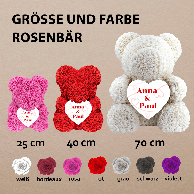 Namen im Herzen - Rosenbären mit Aufdruck, personalisiertes Geschenk für Frau - Adamell.de