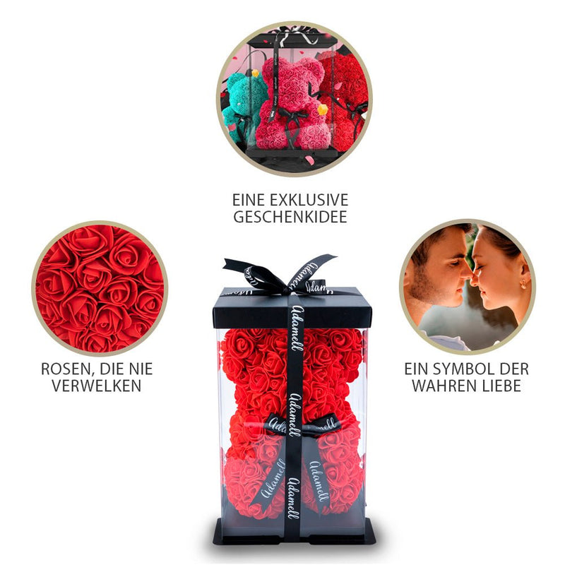 Rosenbär Roter mit Schleife 25cm, Geschenk für frauen, freundin, mama, valentinstag, geburstag, weihnachtsgeschenke, muttertagsgeschen, Weltfrauentag - Adamell.de