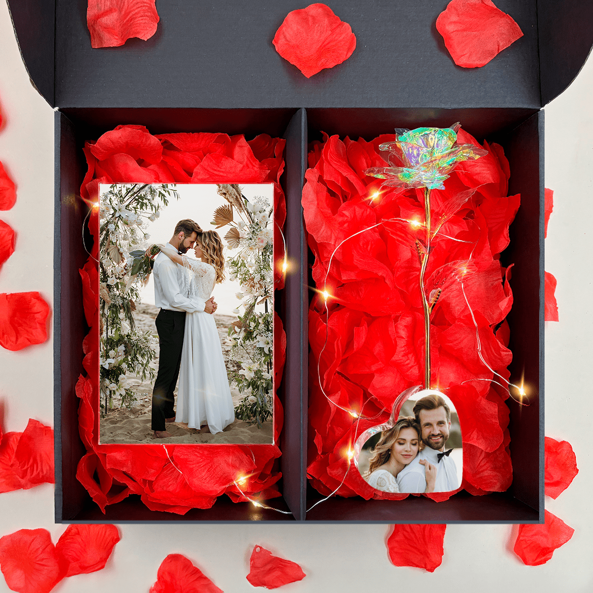BOX LED Kristall ewige Rose in Herz + Dickem Glas Rechteck - Adamell.de