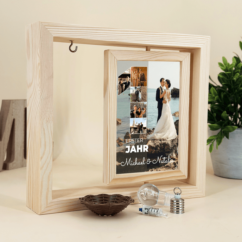 1 Jahrestag - Druck auf Glas in Holzrahmen + led, personalisiertes Geschenk für Paar - Adamell.de