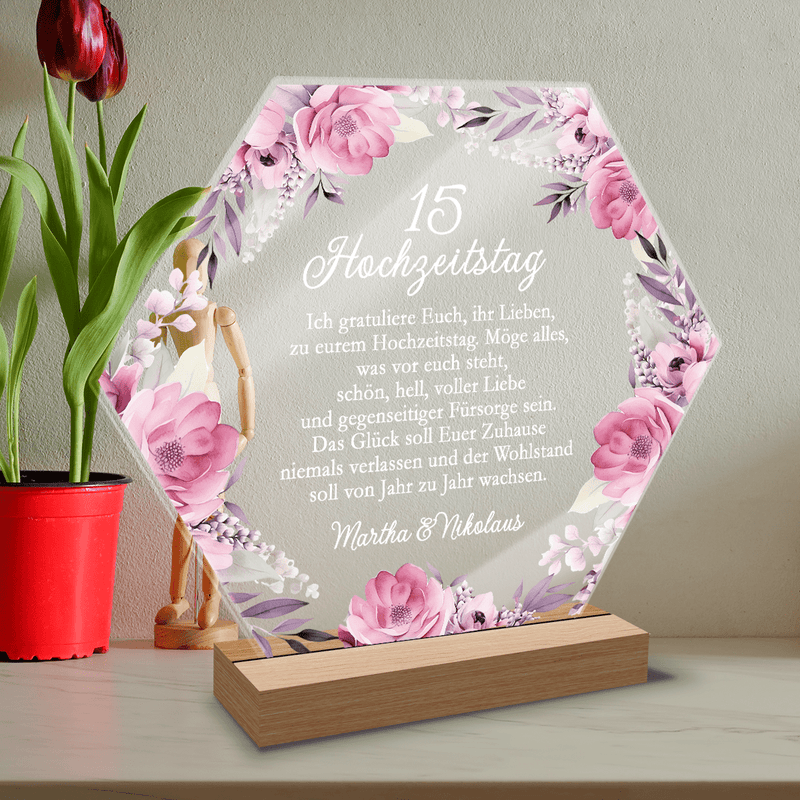 15. Hochzeitstag Wünsche - Druck auf Glas, personalisiertes Geschenk für Paar - Adamell.de