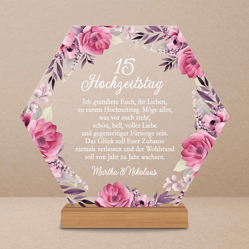 15. Hochzeitstag Wünsche - Druck auf Glas, personalisiertes Geschenk für Paar - Adamell.de