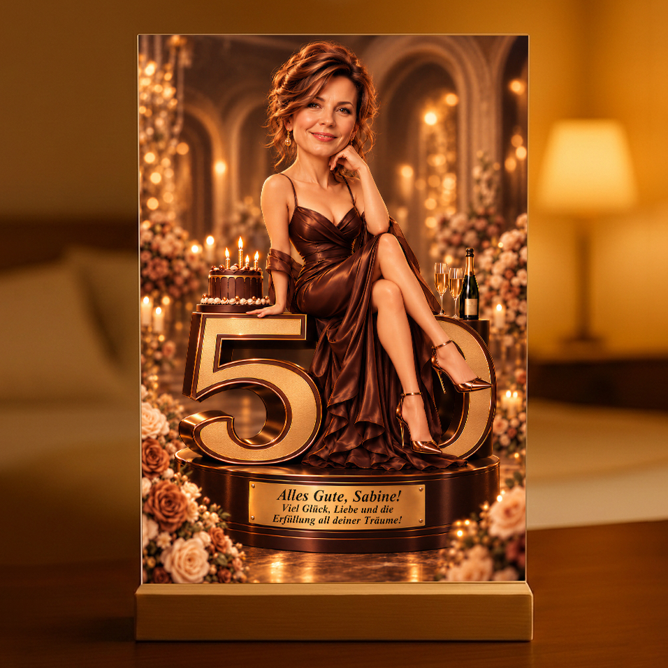 Geschenk zum Geburtstag für Sie – Porträt auf Acrylglas "Goldener Glanz"