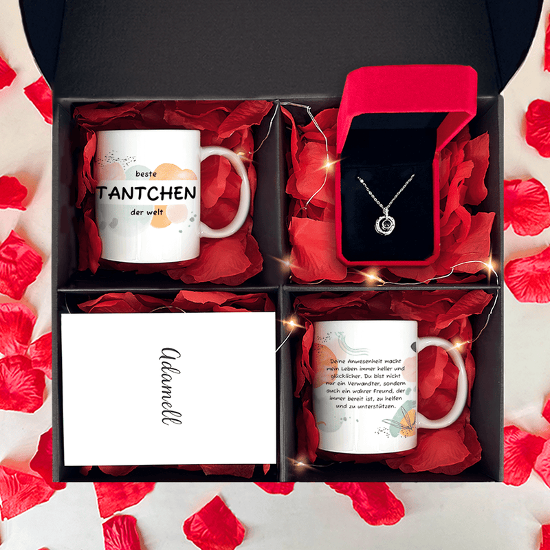 2 x bedruckter Tasse BESTE TANTE + Box-Anhänger 3 in 1 - Geschenkset, personalisiertes Geschenk für Tante - Adamell.de