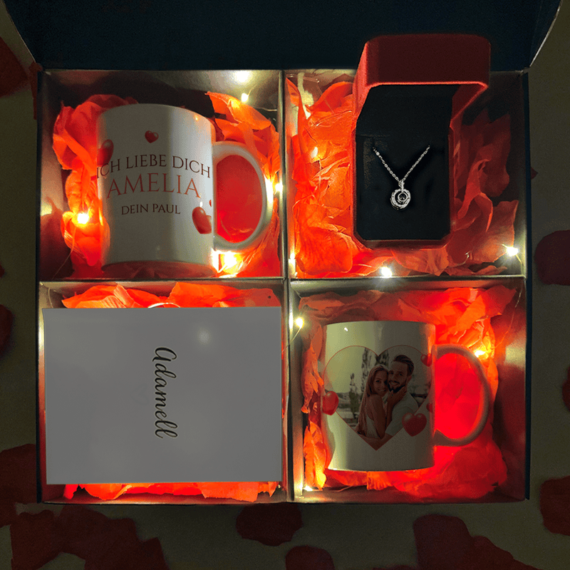 2x bedruckte Tasse ICH LIEBE DICH + Anhängerbox 3-in-1 - Geschenk-Box-Set, personalisiertes Geschenk für Paar - Adamell.de
