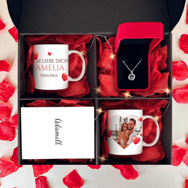 2x bedruckte Tasse ICH LIEBE DICH + Anhängerbox 3-in-1 - Geschenk-Box-Set, personalisiertes Geschenk für Paar - Adamell.de