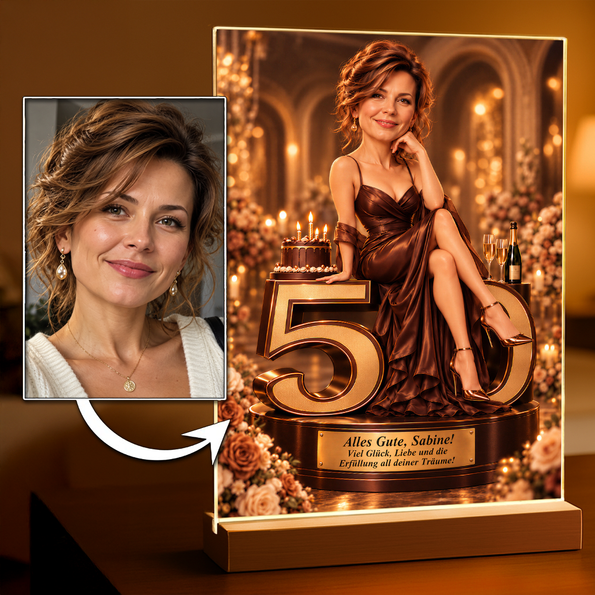 Geschenk zum Geburtstag für Sie – Porträt auf Acrylglas "Goldener Glanz"