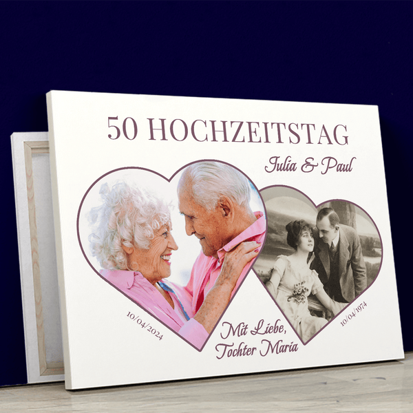 50. Hochzeitstag - 2 Herzen - Druck auf Leinwand, personalisiertes Geschenk für Paar - Adamell.de
