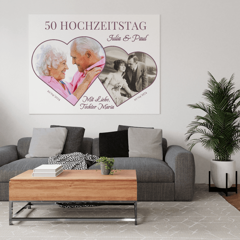 50. Hochzeitstag - 2 Herzen - Druck auf Leinwand, personalisiertes Geschenk für Paar - Adamell.de