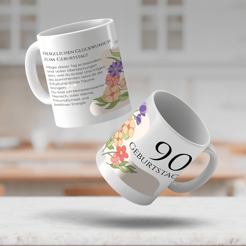 90. Geburtstag Blumen - 1x bedruckte Tasse, personalisiertes Geschenk für Oma - Adamell.de