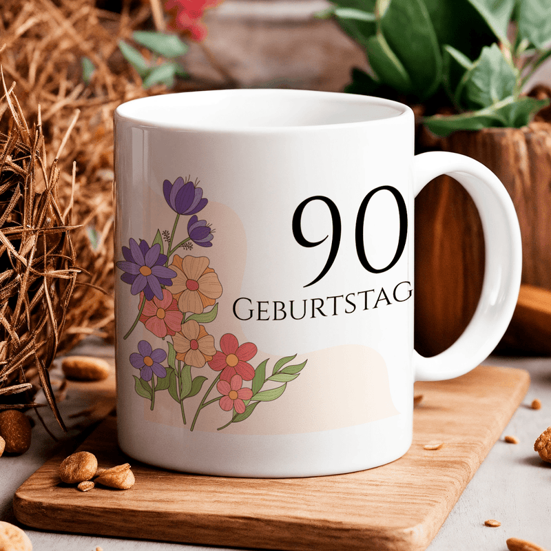 90. Geburtstag Blumen - 1x bedruckte Tasse, personalisiertes Geschenk für Oma - Adamell.de