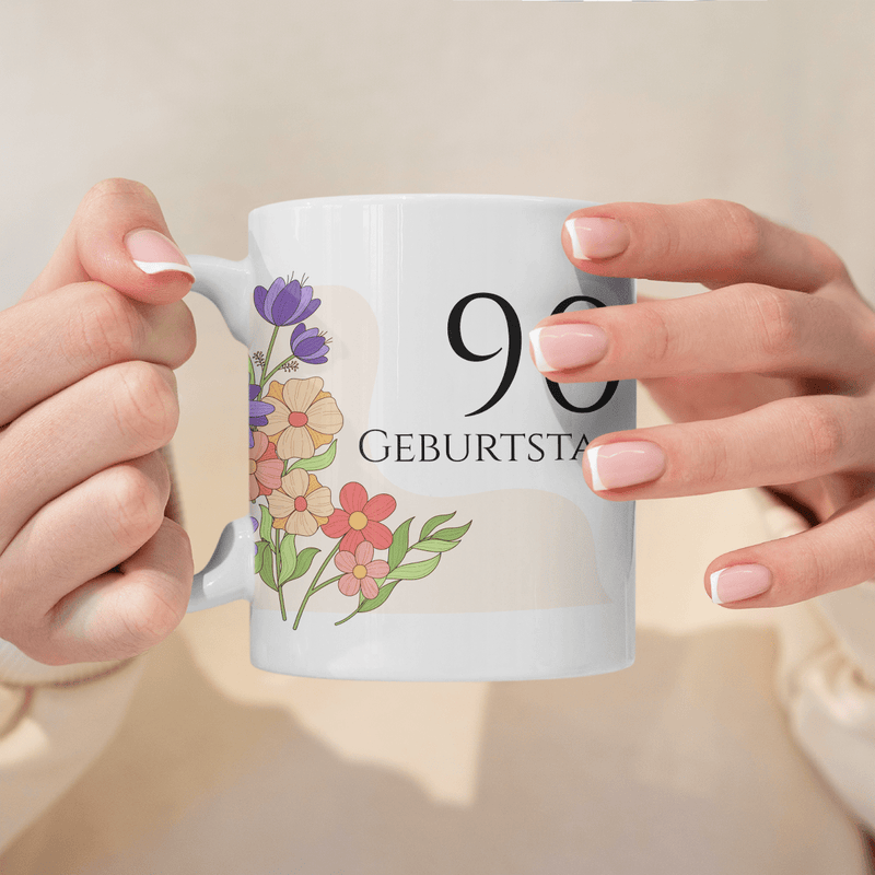 90. Geburtstag Blumen - 1x bedruckte Tasse, personalisiertes Geschenk für Oma - Adamell.de