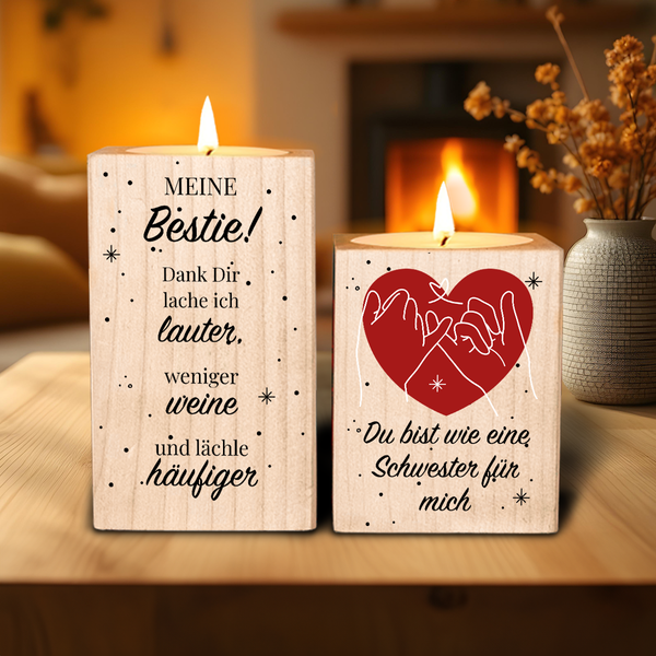 Du bist für mich wie eine Schwester - 2 x Kerzenständer aus Holz, personalisiertes Geschenk für Freundin