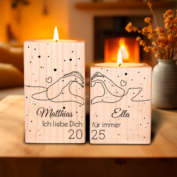 Ich liebe dich für immer - 2 x Kerzenständer aus Holz, personalisiertes Geschenk für Frau